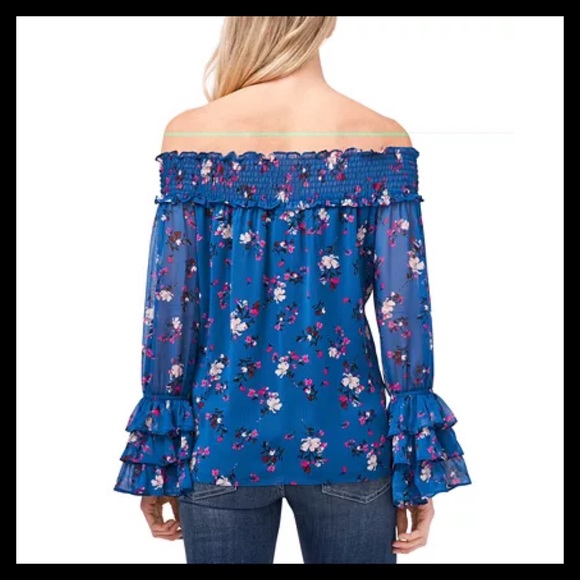 CECE Women's Off-The-Shoulder 
Floral Destiny Top Color: Sapphire Sky - Picture 3 of 5